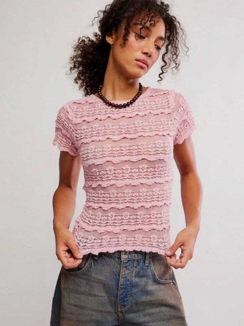 Free People Angelina Lace Tee Fp One Mesh Striped Short Sleeve Blouse Top M